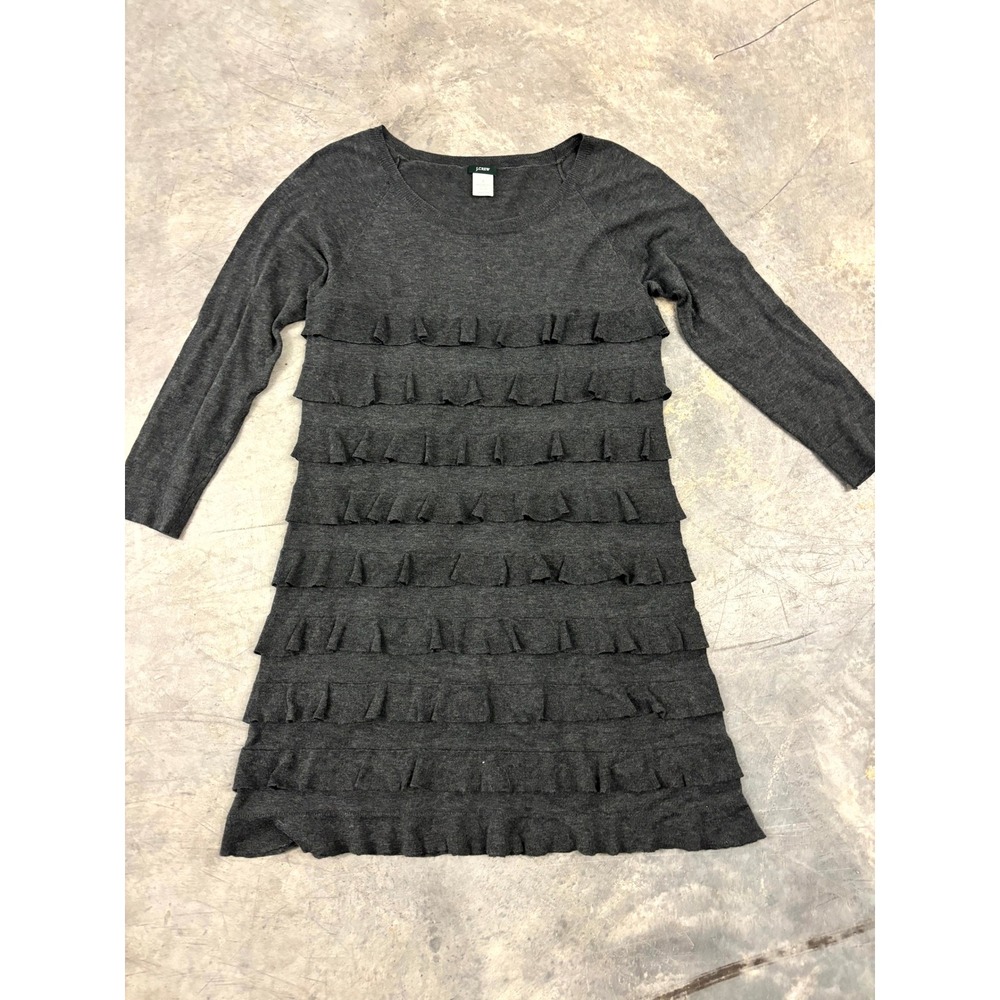J.Crew Charcoal Gray Ruffle Tiered Sweater Dress Pima Cotton Wool Blend Small